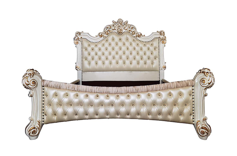 Vendome California King Bed, Faux Leather & Antique Pearl Finish Acme