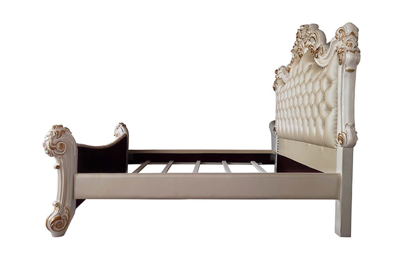 Vendome California King Bed, Faux Leather & Antique Pearl Finish Acme