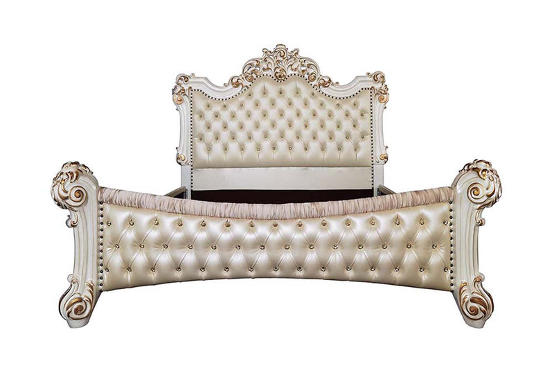 Vendome Queen Bed, Faux Leather & Antique Pearl Finish Acme