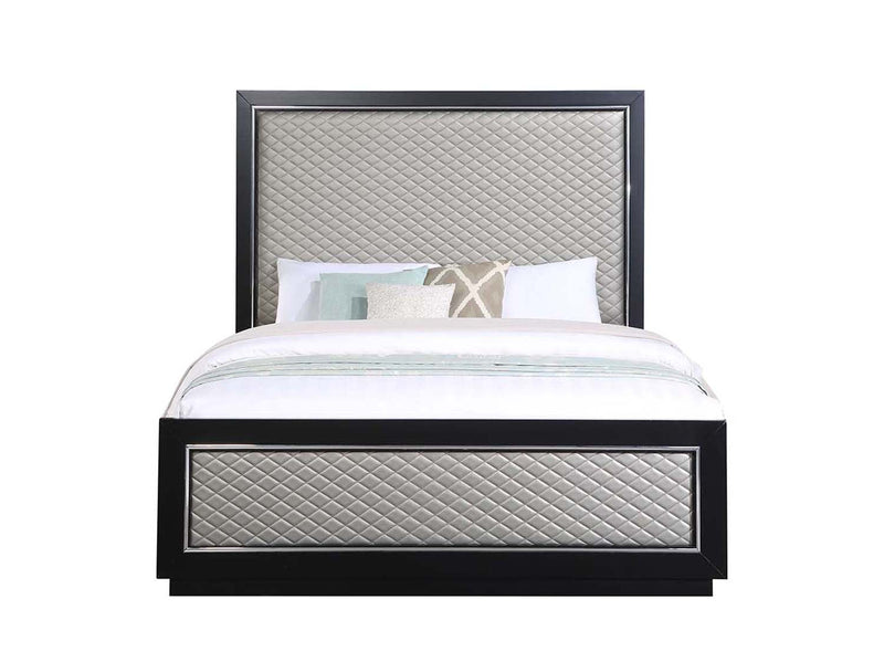 Nicola Queen Bed, Silver Faux Leather & Black Finish Acme