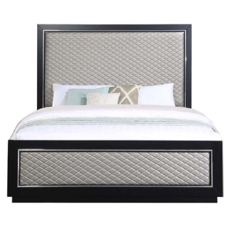 Nicola Queen Bed, Silver Faux Leather & Black Finish Acme