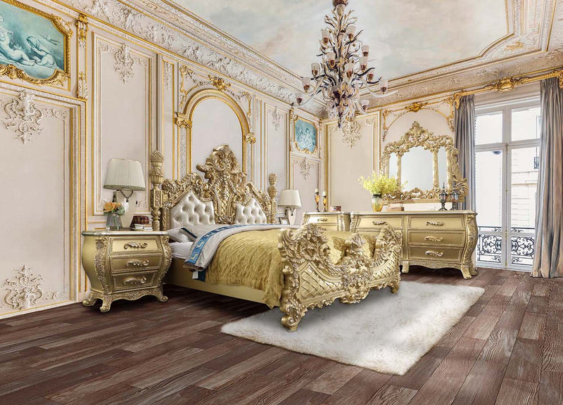 Cabriole King Bed, Light Gold Faux Leather & Gold Finish Acme