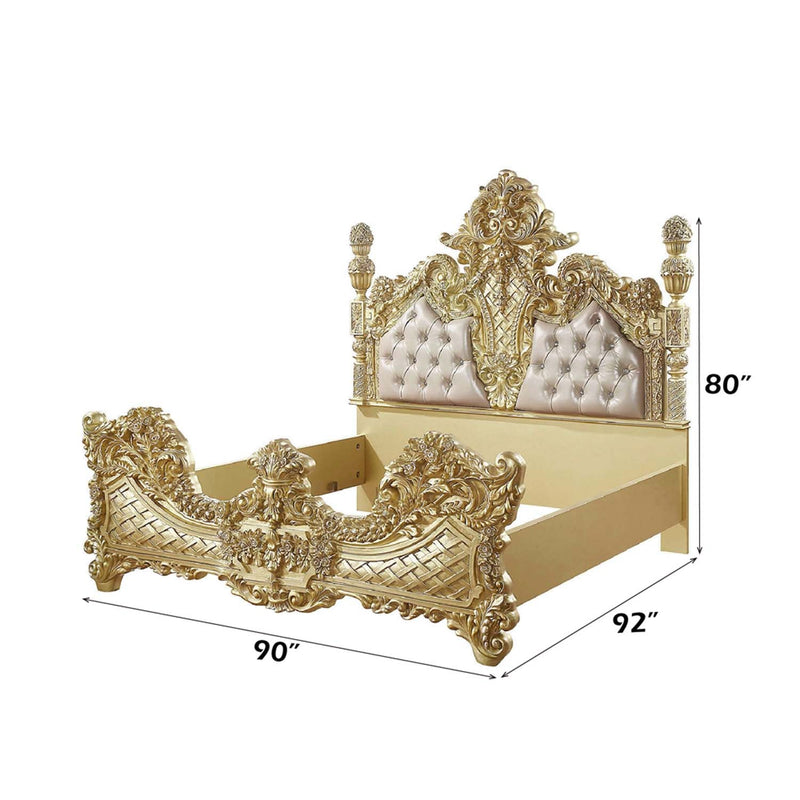 Cabriole King Bed, Light Gold Faux Leather & Gold Finish Acme