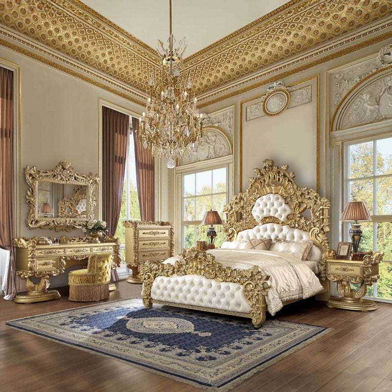 Bernadette King Bed, White Faux Leather Fabric & Gold Finish Acme