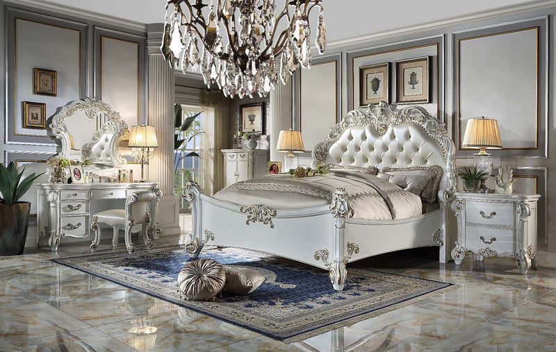 Vendome Eastern King Bed, Faux Leather & Antique Pearl Finish Acme