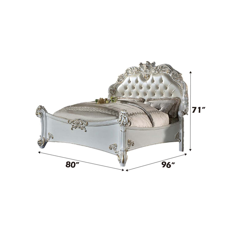 Vendome Queen Bed, Faux Leather & Antique Pearl Finish Acme