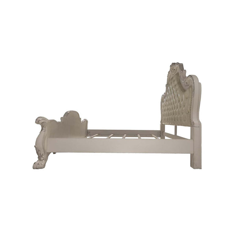 Dresden California King Bed, Faux Leather & Bone White Finish Acme
