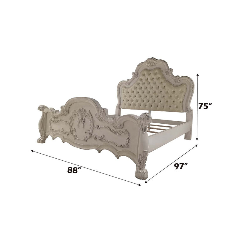 Dresden California King Bed, Faux Leather & Bone White Finish Acme