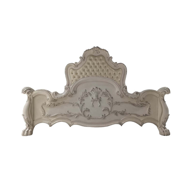 Dresden Eastern King Bed, Faux Leather & Bone White Finish Acme