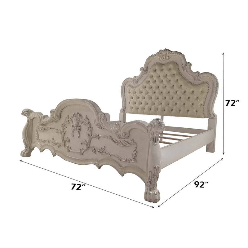 Dresden Queen Bed, Faux Leather & Bone White Finish Acme