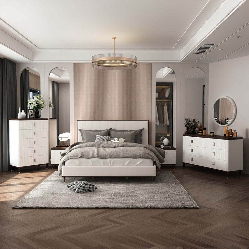 Carena King Bed, Light Gray Fabric & White & Brown Finish Acme