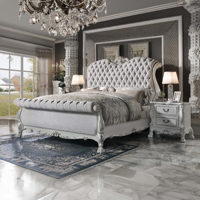 Dresden California King Bed, Fabric & Bone White Finish Acme