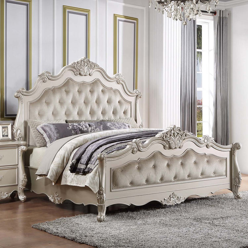 Bently King Bed, Fabric & Champagne Finish Acme
