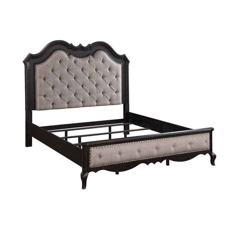 Chelmsford California King Bed, Beige Fabric & Antique Black Finish Acme