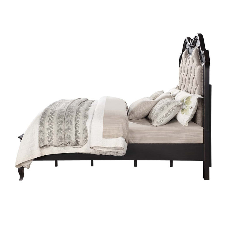 Chelmsford California King Bed, Beige Fabric & Antique Black Finish Acme