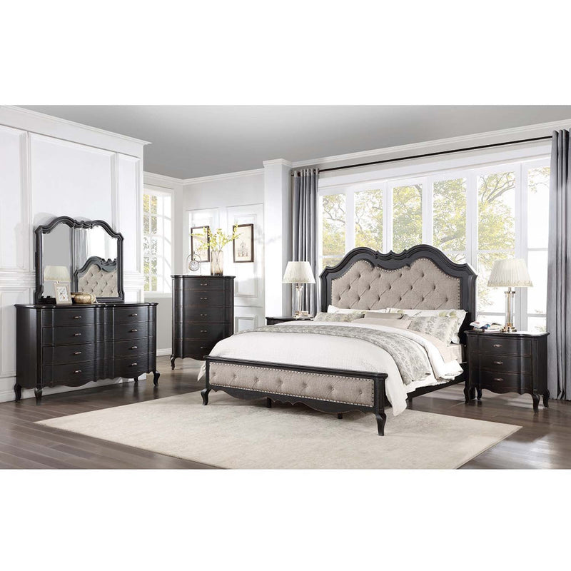 Chelmsford California King Bed, Beige Fabric & Antique Black Finish Acme