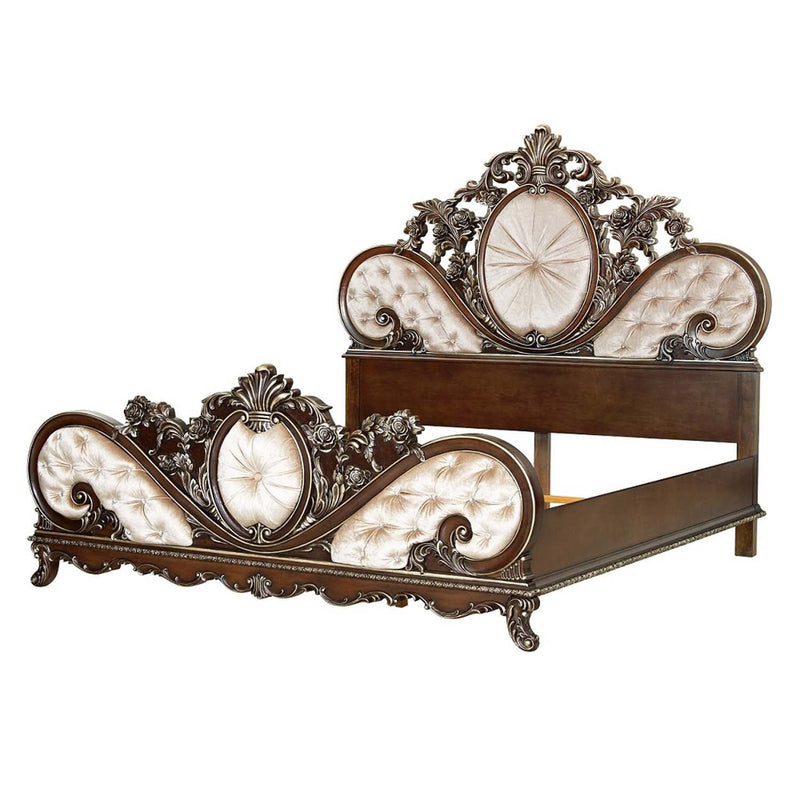 Devany Queen Bed, Cream Fabric & Cherry Finish Acme