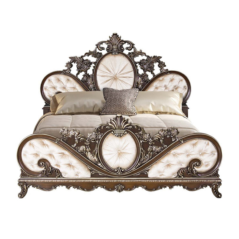 Devany Queen Bed, Cream Fabric & Cherry Finish Acme