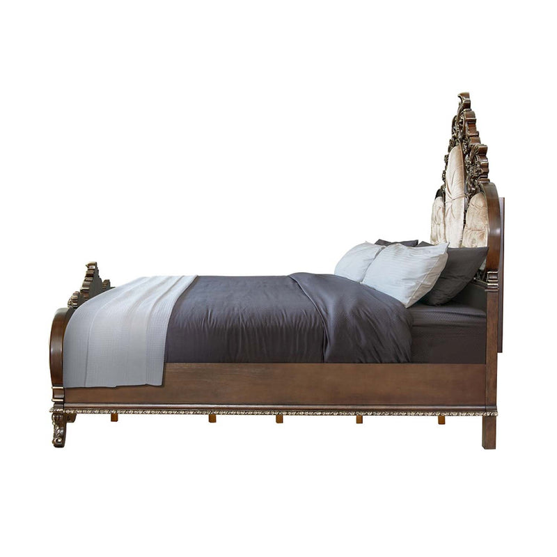 Devany Queen Bed, Cream Fabric & Cherry Finish Acme