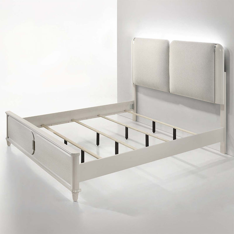 Laveda Eastern King Bed w/LED, Light Gray Boucle & Pearl White Finish Acme