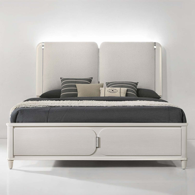 Laveda Eastern King Bed w/LED, Light Gray Boucle & Pearl White Finish Acme