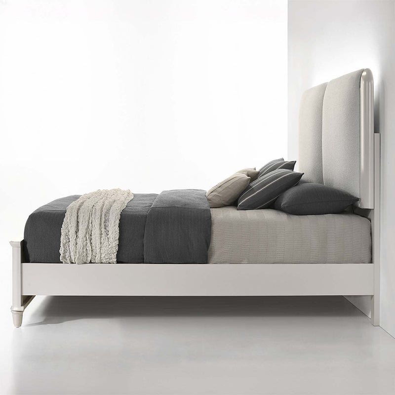 Laveda Queen Bed w/LED, Light Gray Boucle & Pearl White Finish Acme