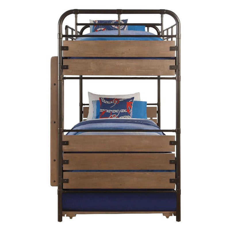 Adams Twin/Twin Bunk Bed w/Trundle, Antique Oak & Gunmetal Finish Acme