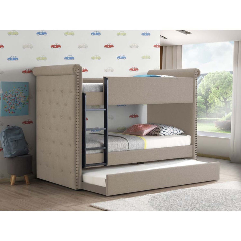 Romana II Twin/Twin Bunk Bed w/Trundle, Beige Fabric Finish Acme