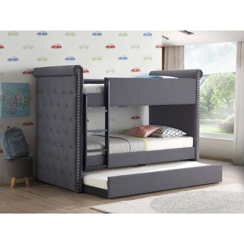 Romana II Twin/Twin Bunk Bed w/Trundle, Gray Fabric Finish Acme