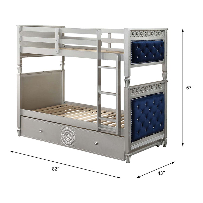 Varian Twin/Twin Bunk Bed, Blue Velvet & Silver Finish Acme