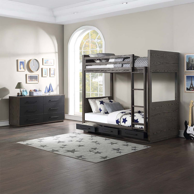 Estevon Twin/Twin Bunk Bed w/Storage, Gray Oak Finish Acme