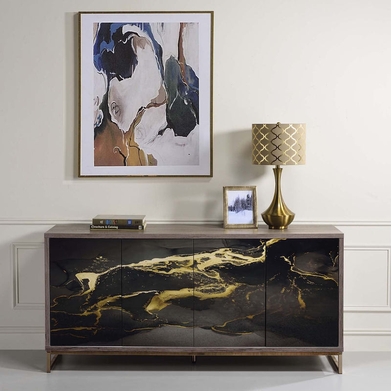 Payo Console Cabinet, Black Marble Print Oak & Champagne Finish Acme