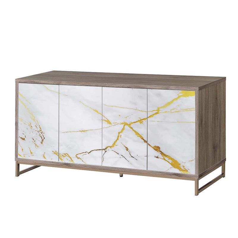 Paavan Console Cabinet, White Marble Print Oak & Champagne Finish Acme