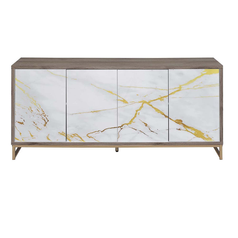 Paavan Console Cabinet, White Marble Print Oak & Champagne Finish Acme