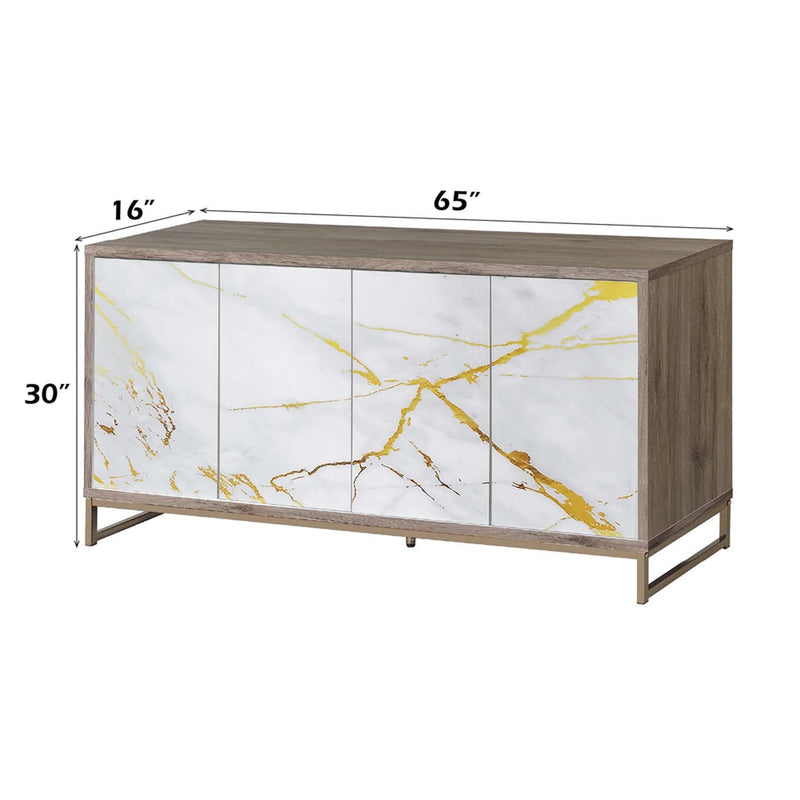 Paavan Console Cabinet, White Marble Print Oak & Champagne Finish Acme