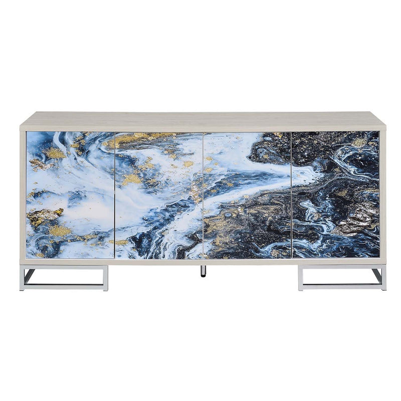 Liam Console Cabinet, Blue Marble Print & Chrome Finish Acme