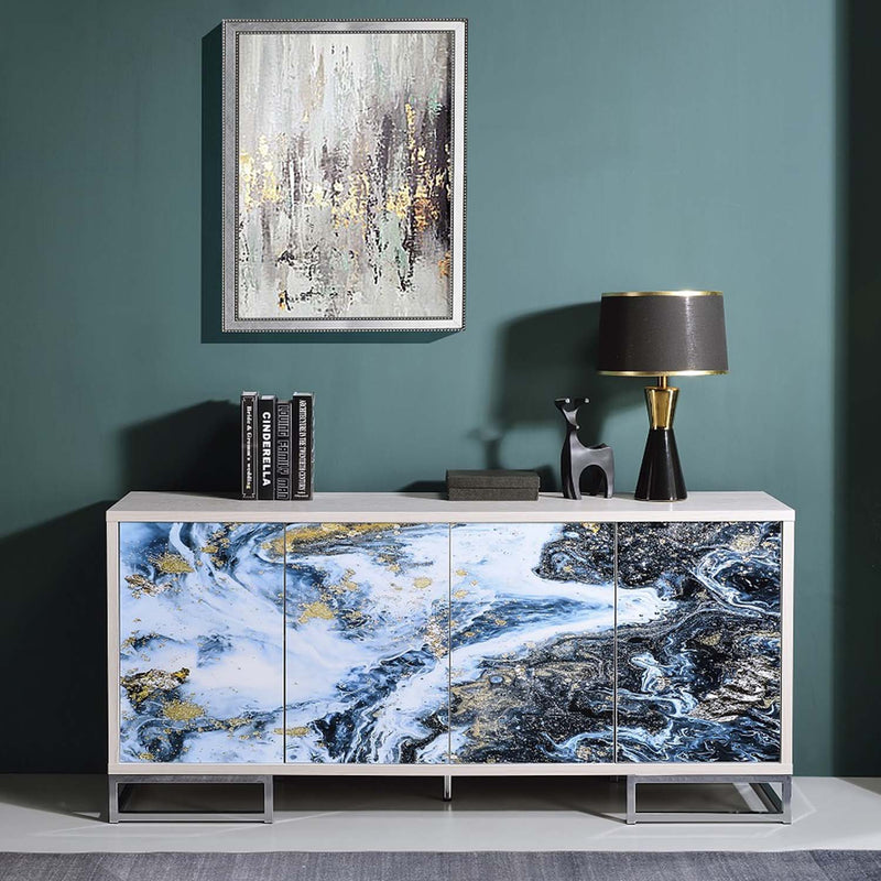 Liam Console Cabinet, Blue Marble Print & Chrome Finish Acme