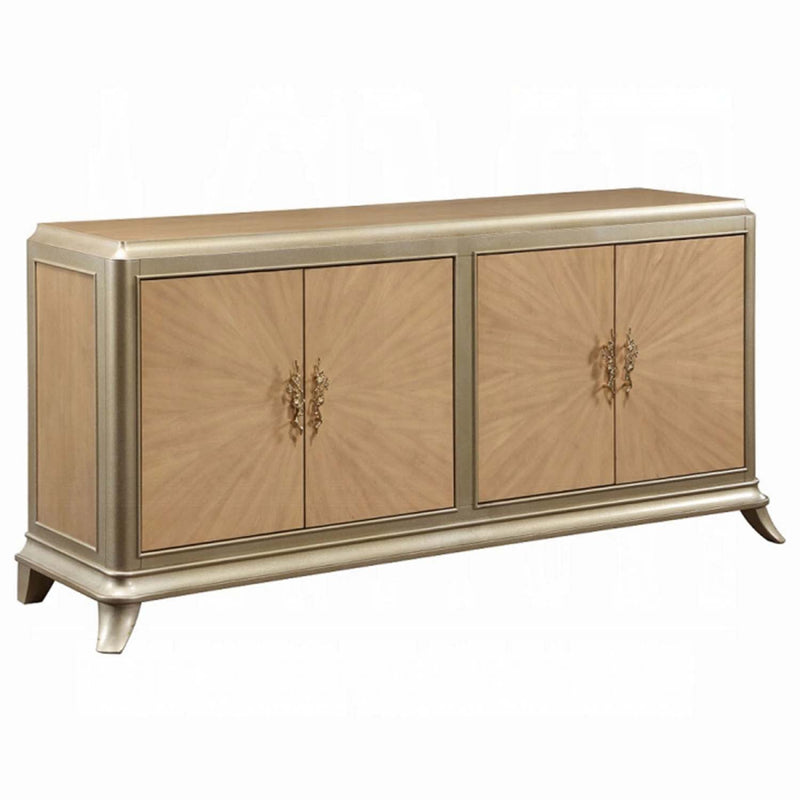 Dodie Console Cabinet, Natural Oak Sunburst Pattern & Taupe Champaign Finish Acme