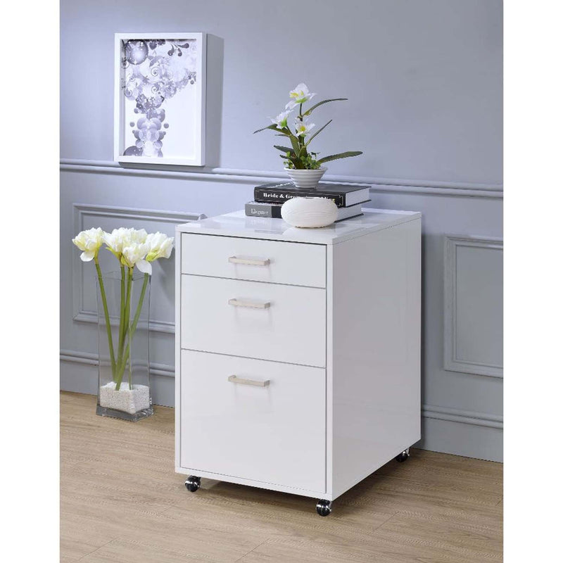 Coleen Filing Cabinet, White High Gloss & Chrome Finish Acme