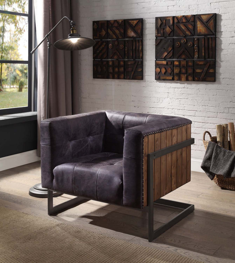 Sagat Accent Chair, Antique Ebony Top Grain Leather & Rustic Oak Finish Acme