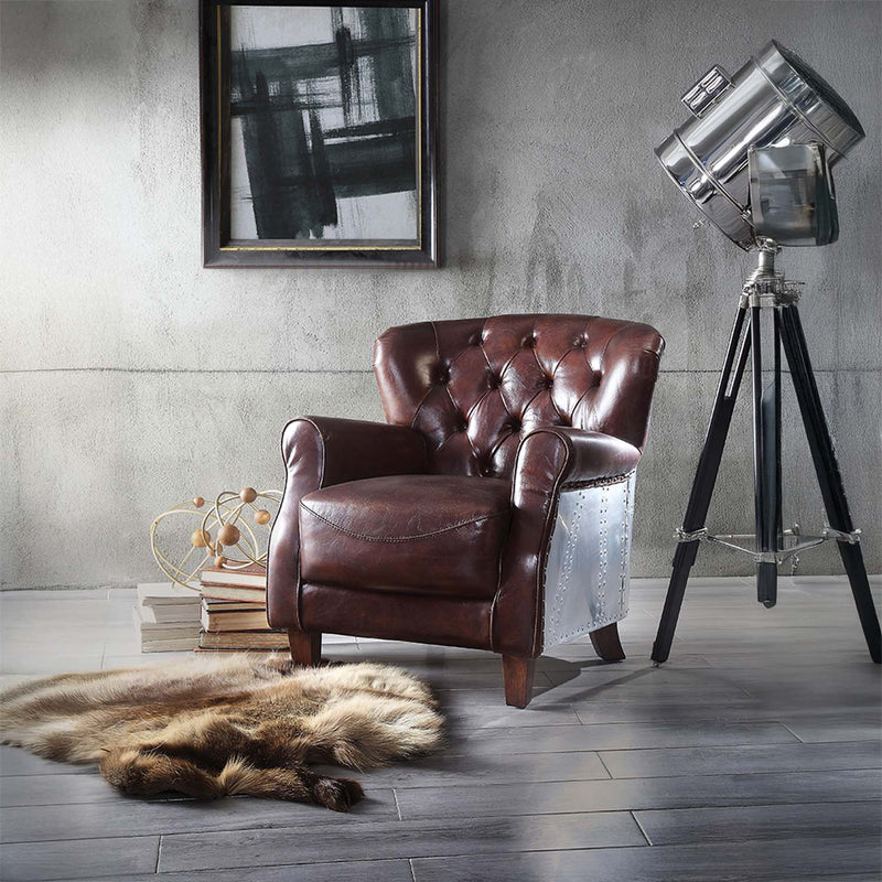 Brancaster Accent Chair, Vintage Brown & Aluminum Acme