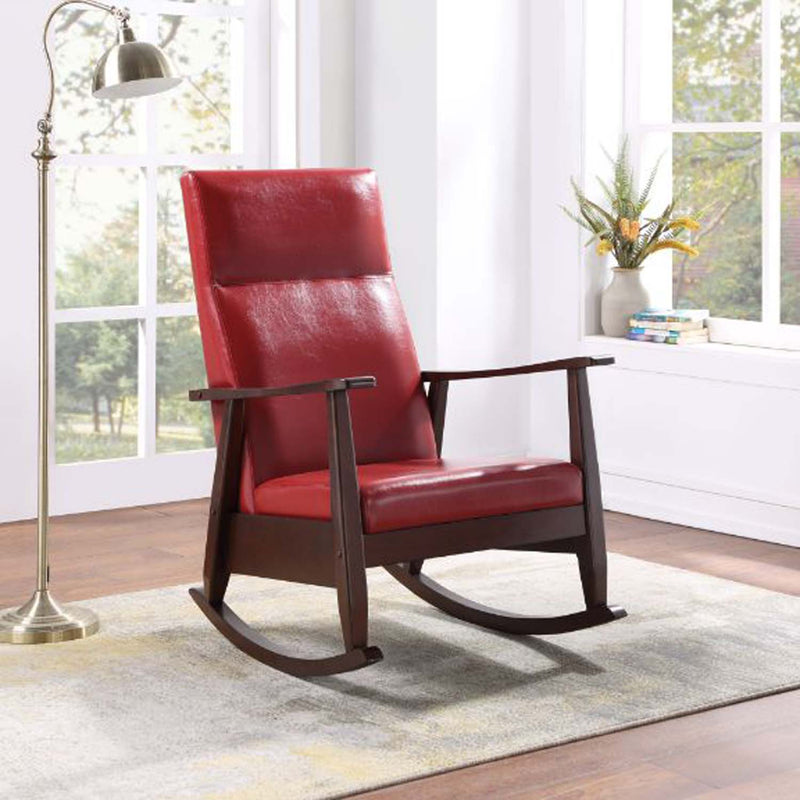 Raina Rocking Chair, Red Faux Leather & Espresso Finish Acme
