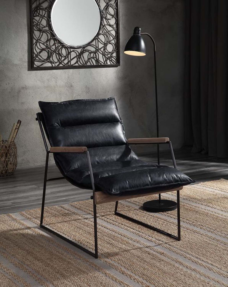 Luberzo Accent Chair, Distress Espresso Top Grain Leather & Matt Iron Finish Acme