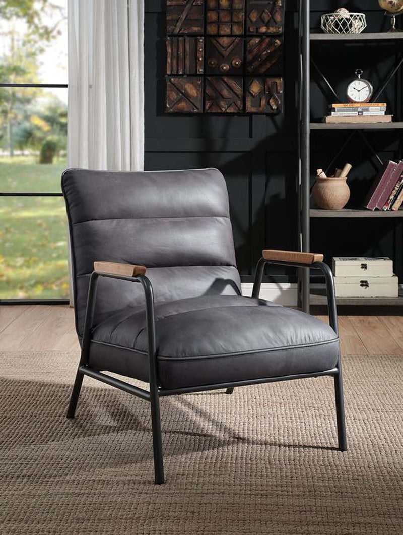 Nignu Accent Chair, Gray Top Grain Leather & Matt Iron Finish Acme