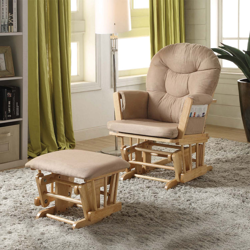 Rehan Glider Chair & Ottoman, Taupe Microfiber & Natural Oak Finish Acme