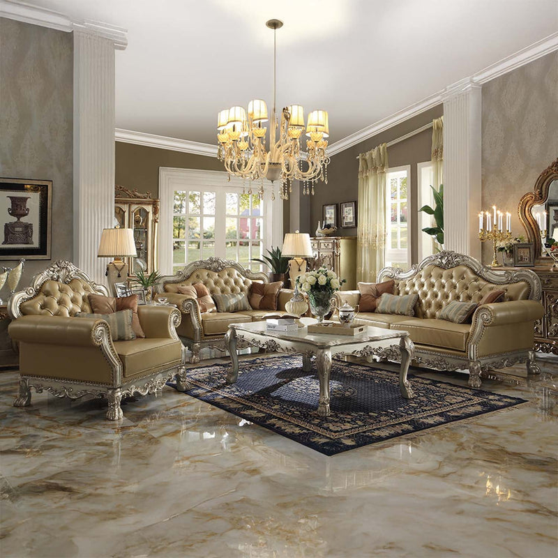 Dresden Chair w/2 Pillows, Bone Faux Leather & Gold Patina Finish Acme