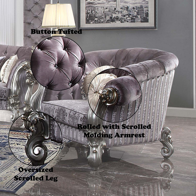 Versailles Chair w/2 Pillows, Velvet & Antique Platinum Acme