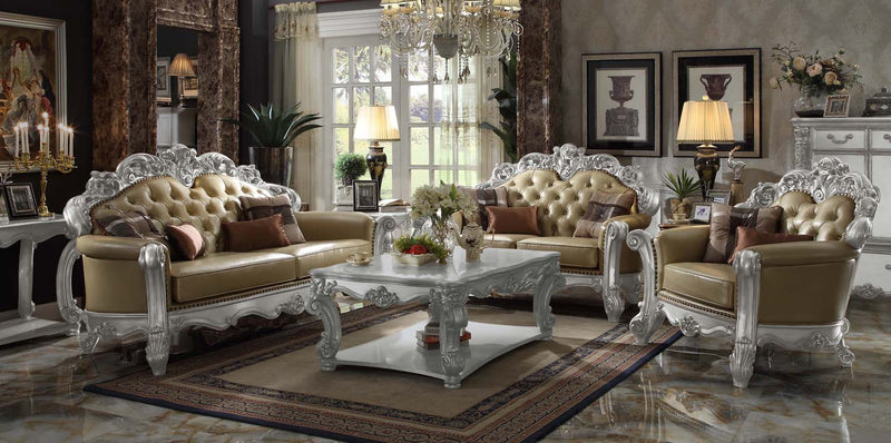 Vendome Chair w/2 Pillows, Bone Faux Leather & Silver Patina Finish Acme