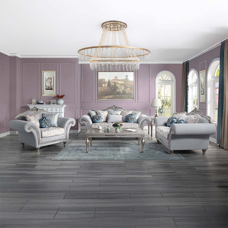 Pelumi Chair w/3 Pillows, Light Gray Linen & Platinum Finish Acme