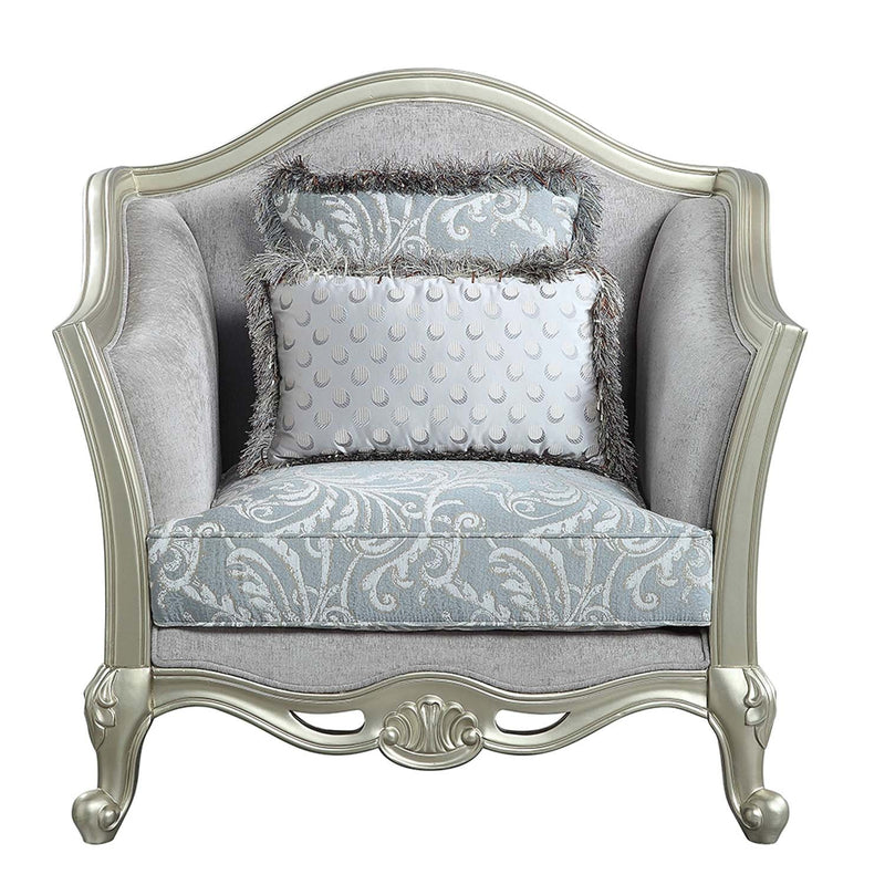 Qunsia Chair w/2 Pillows, Light Gray Linen & Champagne Finish Acme